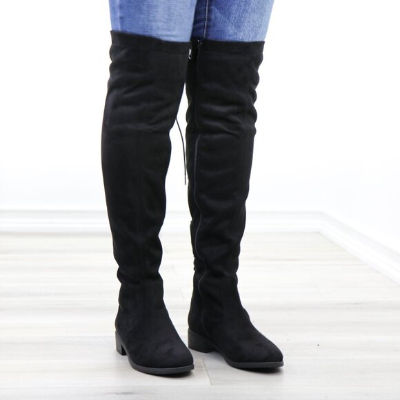 Black Over-the-Knee Boots Size 6 Lace-Up Back Flat Sole Tall Shaft Faux Suede - Picture 4 of 14